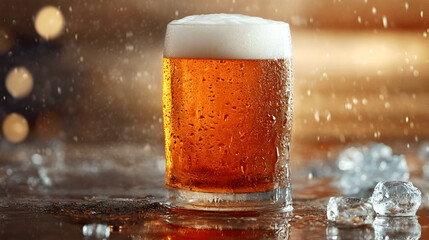 Refreshing glass of amber beer with frothy head, resting on a wet surface surrounded by ice cubes, creating a vibrant and inviting atmosphere for beverage enjoyment