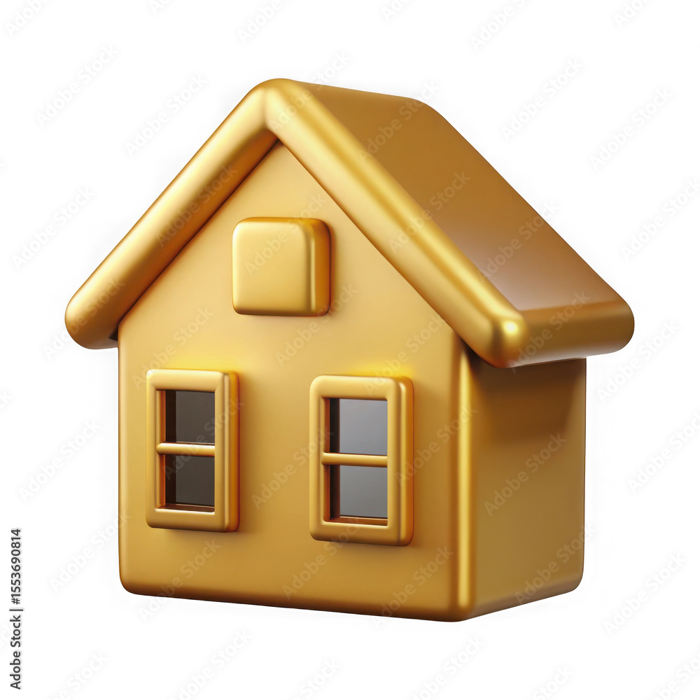 Poster shiny golden house icon with two windows and a square accent isolated on transparent background