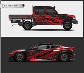 Naklejka premium Red and Black Car Wrap Designs for Pickup Truck and Sports Car