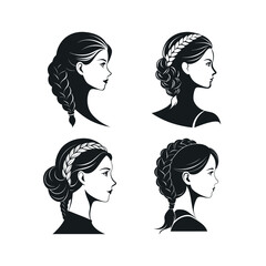 Silhouette vector set of woman with dutch braid hairstyle