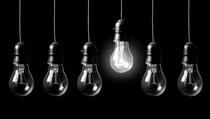 Illuminated light bulb, black background