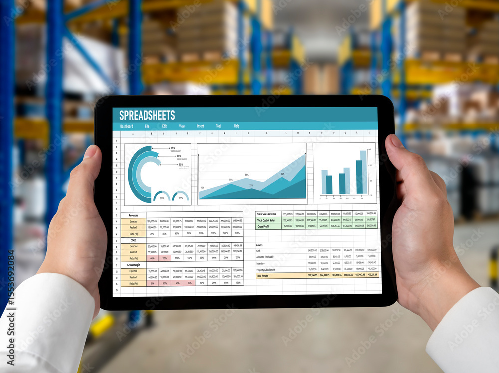 Poster spreadsheet document information financial startup concept. data and graphs in spreadsheet documents