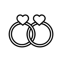 Minimalist black outline vector icon of two intertwined wedding rings, symbolizing love, marriage. Clean design on a transparent background