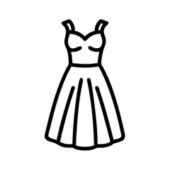 Minimalist black outline vector icon of an elegant dress, symbolizing fashion, style. Clean design on a transparent background