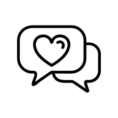 Minimalist black outline vector icon of a chat bubble with a heart inside, symbolizing love, communication, and Valentine's Day messages. Clean design on a transparent background