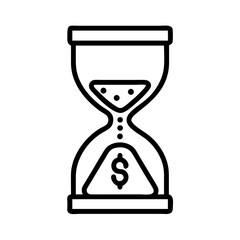 Minimalist black outline vector icon of an hourglass with sand flowing and a dollar sign at the bottom, symbolizing "time is money", business, and financial efficiency
