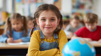 Happy Back to School Student in Classroom with Globe