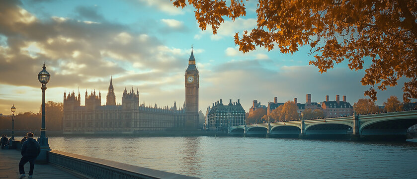 AI generator image of London River Thames with a view of Big Ben at sunset, Big Ben and Houses of Parliament , Street photo - Powered by Adobe