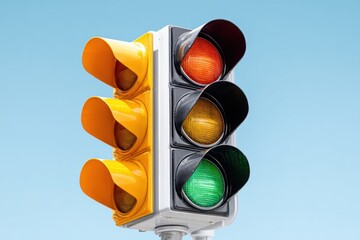 Traffic light with red, yellow, and green signals against a clear blue sky, symbolizing road safety and vehicle control in urban environments, guiding drivers and pedestrians