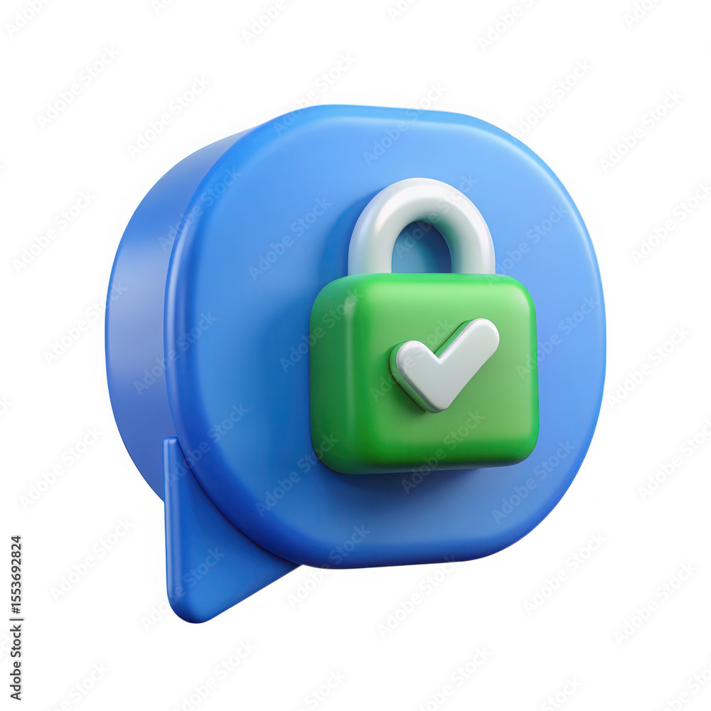 Poster secure message chat icon with green padlock and checkmark isolated on transparent background