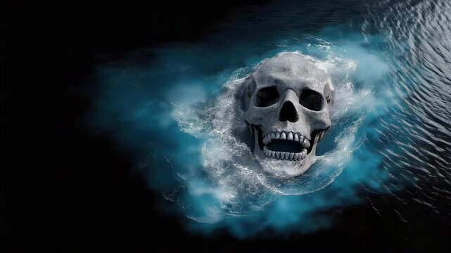 Eerie skull emerging from dark water with ghostly mist swirling