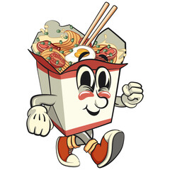 cute chinese noodles box mascot cartoon vector walking, kawaii ramen takeout character with chopsticks, isolated food illustration asian cuisine design, work of hand drawn