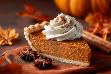 slice of pumpkin pie with whipped cream topping surrounded by cinnamon sticks star anise and autumn leaves on brown fabric perfect for fall desserts thanksgiving and seasonal food concepts