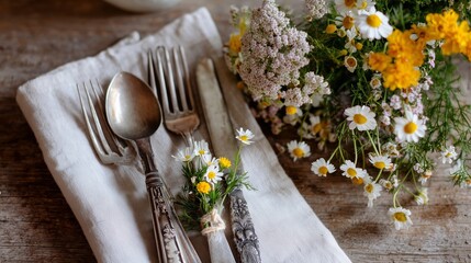 Detailed table setting with vintage cutlery and fresh flowers in a rustic setting for a casual dining experience