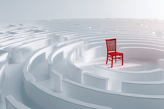 A red chair nestled in a white circular maze