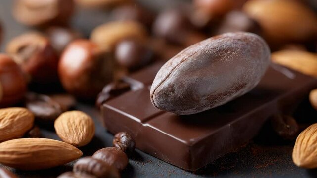 Cocoa bean and chocolate bar surrounded by nuts and coffee beans in gourmet display