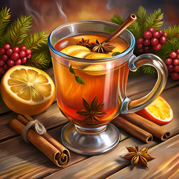 Warm spiced drink with seasonal decorations in a glass cup on a wooden surface. A comforting beverage with Christmas-themed accouterments set on a rustic table.