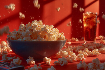 bowl of popcorn with flying kernels and a glass of soda on red background in dramatic lighting perfect for movie night snack concepts cinema themes and food photography visuals