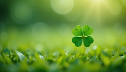 Obraz premium A single four leaf clover stands tall in a lush green meadow bathed in sunlight