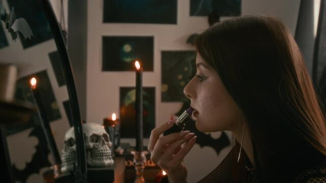 Young girl applying lipstick in front of mirror by candlelight, surrounded by skull and gothic artworks