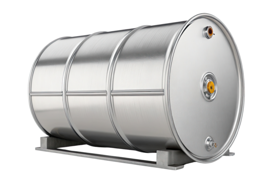 Shiny metallic industrial barrel with fittings on a support stand isolated on transparent background
