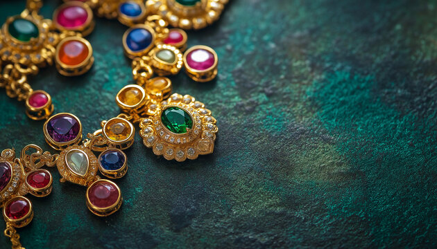 AI generator image of Multi-colored gemstone necklaces and bracelets, close-up shot of a pile of intricate gold jewelry, including bangles, ring, necklace, bracelets, and cuffs, with fine detailing, g