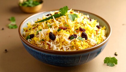 Pakistani Biryani Saffron Rice Raisins and Chili Garnish Served in Ceramic Bowl