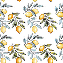 Obraz premium Seamless pattern of hand-drawn lemons and green leaves, watercolor style, white background, fresh summer mood
