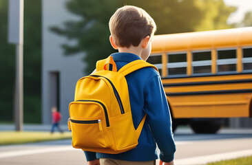 Schoolboy with backpack on yellow school bus background. Back to school