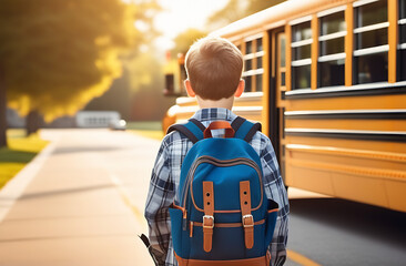 Schoolboy with backpack on yellow school bus background. Back to school