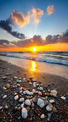 A vibrant golden sunset over a pebble beach with waves on the horizon.