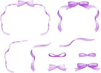 水彩で描いた紫色のリボンフレーム素材セット