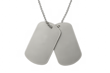 Two blank metallic military dog tags hang on a chain against a transparent background, ready for personalization