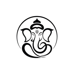 Stylized black and white line drawing of Ganesha suitable for cultural designs, religious themes, and spiritual projects. Hindu deity art.