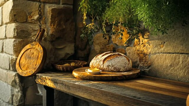 Rustic kitchen scene featuring freshly baked bread on a wooden board with butter and herbs