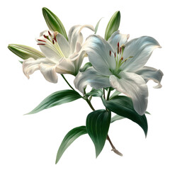 Fototapeta premium Elegant white lilies with green leaves isolated on transparent background
