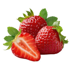 Fresh ripe strawberries and a half strawberry with green leaves isolated on transparent background