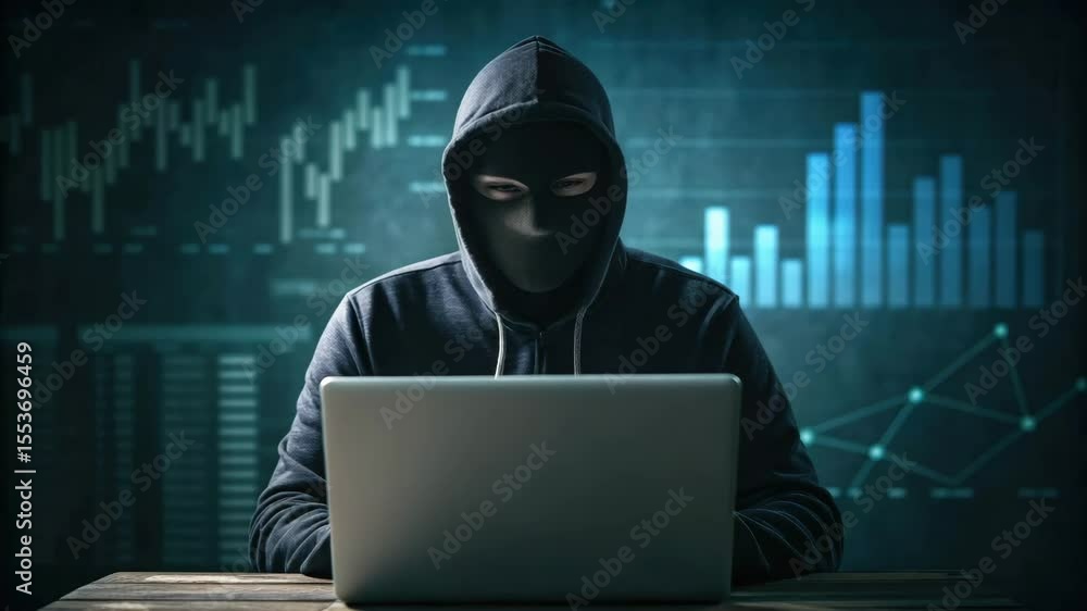 Aufkleber a hooded figure with a mask works on a laptop, surrounded by digital graphs, representing cybercrime