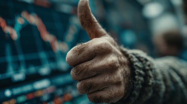 A close-up of a dirty hand giving a thumbs-up in front of a blurry stock market chart on a screen.
