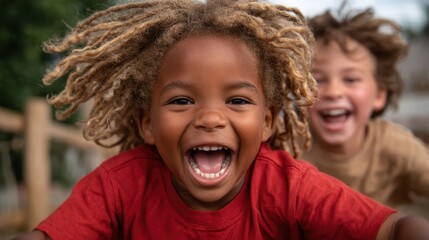 A delightful scene of two children playing outdoors, showcasing pure joy and laughter amidst nature, with a vibrant background filled with greens and joy-filled expressions.