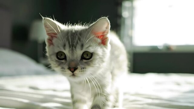 4k little white striped kitten meowing and looking at the camera, walking on the bed at home. Healthy, adorable domestic pets and cats, cat on a windowsill. 4K Video