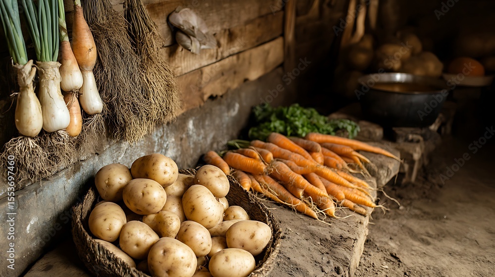 Poster a rustic setup with potatoes, onions, and carrots placed at one side, rest of background clean for t