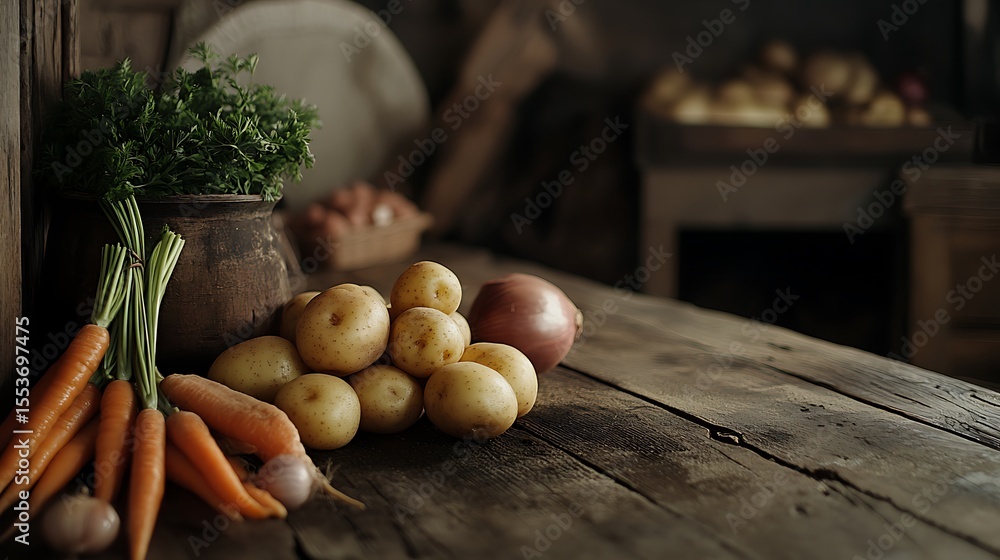 Poster a rustic setup with potatoes, onions, and carrots placed at one side, rest of background clean for t