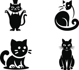 Funny cartoon black cat vector illustrations and cute kitten silhouette designs