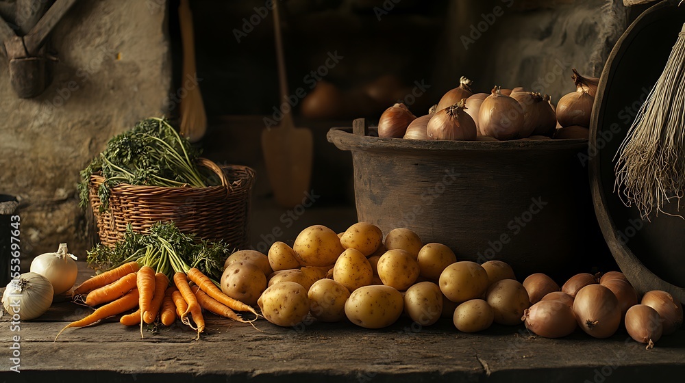 Poster a rustic setup with potatoes, onions, and carrots placed at one side, rest of background clean for t