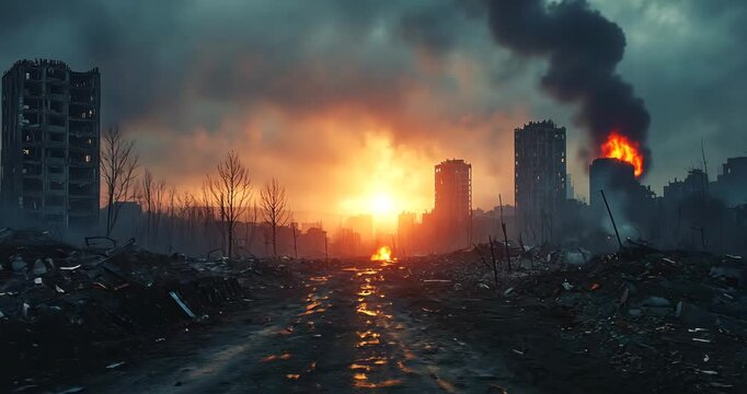 Static shot of a destroyed city at sunset, smoke rising from burning buildings, dramatic sky.
