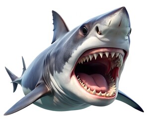 A great white shark with its mouth open isolated on white background