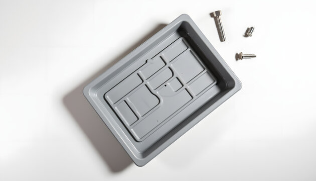 Gray plastic tray with compartments for organizing small parts, accompanied by screws and bolts, ideal for workshop use and efficient storage solutions