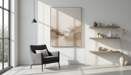 Modern living room with abstract landscape art and minimalist decor