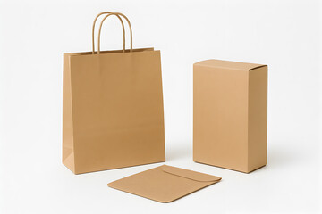 Set of Kraft Packaging Items Including Paper Bag, Shipping Box, and Mailer Envelope on White Background